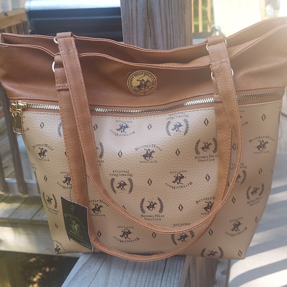 Beverly Hills Polo Club Tan Signature Monogram Faux Leather Tote Bag - Picture 8 of 14